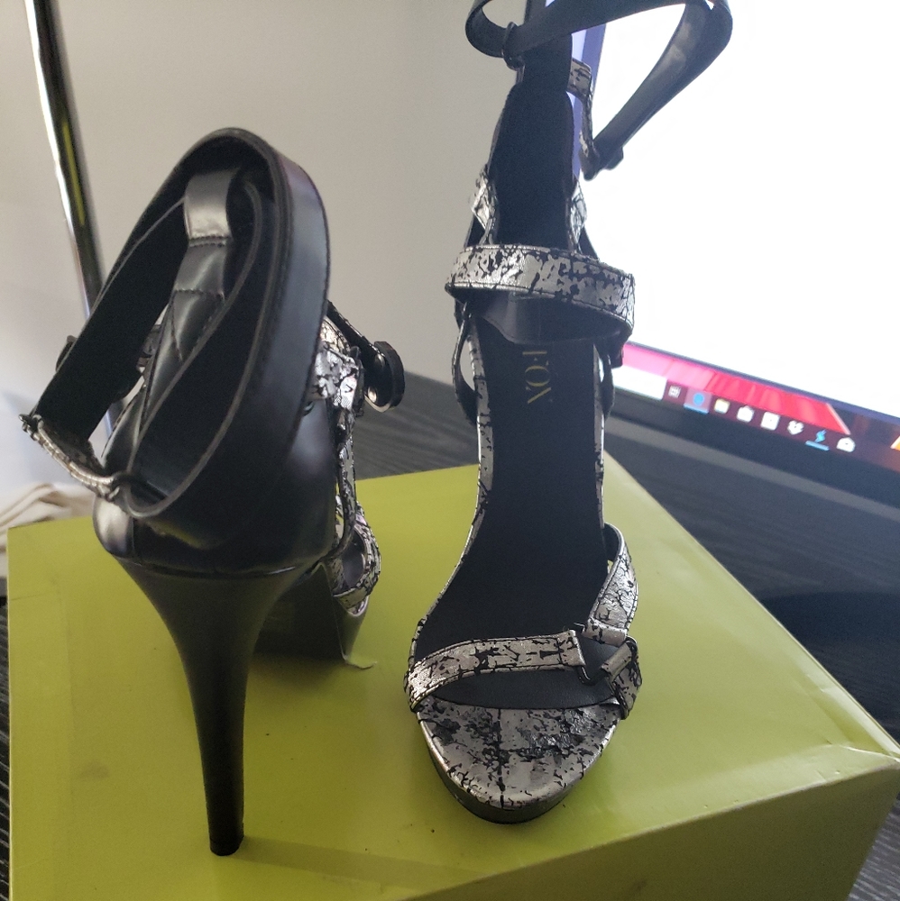 Silver and black paper Fox Women's heeled sandals - Picture 3 of 6